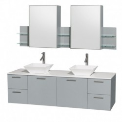 72 inch Double Bathroom Vanity in Dove Gray, White Man-Made Stone Countertop, Pyra White Porcelain Sinks, and Medicine Cabinet