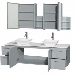 72 inch Double Bathroom Vanity in Dove Gray, White Man-Made Stone Countertop, Pyra White Porcelain Sinks, and Medicine Cabinet