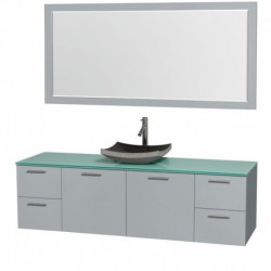 72 inch Single Bathroom Vanity in Dove Gray, Green Glass Countertop, Altair Black Granite Sink, and 70 inch Mirror