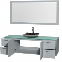 72 inch Single Bathroom Vanity in Dove Gray, Green Glass Countertop, Altair Black Granite Sink, and 70 inch Mirror