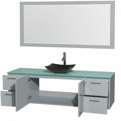 72 inch Single Bathroom Vanity in Dove Gray, Green Glass Countertop, Arista Black Granite Sink, and 70 inch Mirror