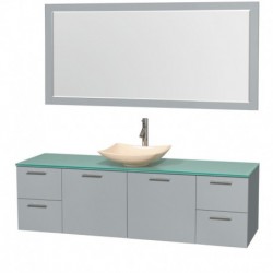 72 inch Single Bathroom Vanity in Dove Gray, Green Glass Countertop, Arista Ivory Marble Sink, and 70 inch Mirror