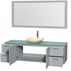 72 inch Single Bathroom Vanity in Dove Gray, Green Glass Countertop, Arista Ivory Marble Sink, and 70 inch Mirror