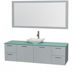 72 inch Single Bathroom Vanity in Dove Gray, Green Glass Countertop, Arista White Carrera Marble Sink, and 70 inch Mirror