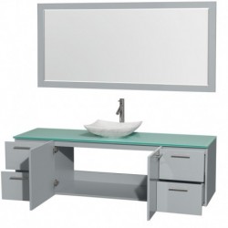 72 inch Single Bathroom Vanity in Dove Gray, Green Glass Countertop, Arista White Carrera Marble Sink, and 70 inch Mirror