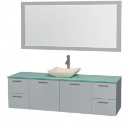 72 inch Single Bathroom Vanity in Dove Gray, Green Glass Countertop, Avalon Ivory Marble Sink, and 70 inch Mirror