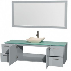 72 inch Single Bathroom Vanity in Dove Gray, Green Glass Countertop, Avalon Ivory Marble Sink, and 70 inch Mirror