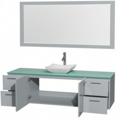 72 inch Single Bathroom Vanity in Dove Gray, Green Glass Countertop, Avalon White Carrera Marble Sink, and 70 inch Mirror