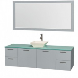 72 inch Single Bathroom Vanity in Dove Gray, Green Glass Countertop, Pyra Bone Porcelain Sink, and 70 inch Mirror