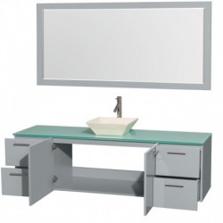 72 inch Single Bathroom Vanity in Dove Gray, Green Glass Countertop, Pyra Bone Porcelain Sink, and 70 inch Mirror