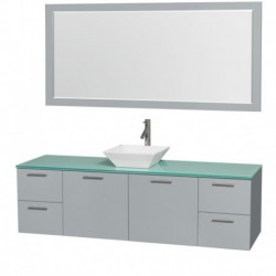 72 inch Single Bathroom Vanity in Dove Gray, Green Glass Countertop, Pyra White Porcelain Sink, and 70 inch Mirror