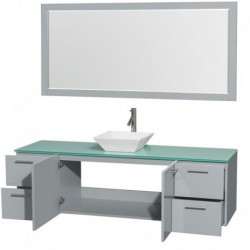 72 inch Single Bathroom Vanity in Dove Gray, Green Glass Countertop, Pyra White Porcelain Sink, and 70 inch Mirror