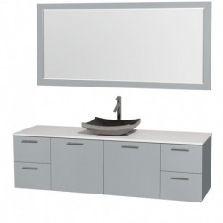 72 inch Single Bathroom Vanity in Dove Gray, White Man-Made Stone Countertop, Altair Black Granite Sink, and 70 inch Mirror
