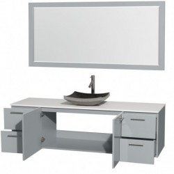 72 inch Single Bathroom Vanity in Dove Gray, White Man-Made Stone Countertop, Altair Black Granite Sink, and 70 inch Mirror