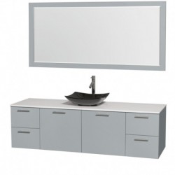 72 inch Single Bathroom Vanity in Dove Gray, White Man-Made Stone Countertop, Arista Black Granite Sink, and 70 inch Mirror