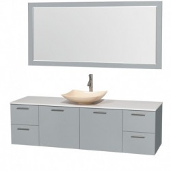 72 inch Single Bathroom Vanity in Dove Gray, White Man-Made Stone Countertop, Arista Ivory Marble Sink, and 70 inch Mirror