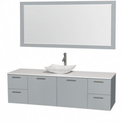 72 inch Single Bathroom Vanity in Dove Gray, White Man-Made Stone Countertop, Arista White Carrera Marble Sink, and 70 inch Mir
