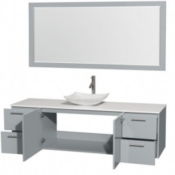 72 inch Single Bathroom Vanity in Dove Gray, White Man-Made Stone Countertop, Arista White Carrera Marble Sink, and 70 inch Mir
