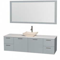 72 inch Single Bathroom Vanity in Dove Gray, White Man-Made Stone Countertop, Avalon Ivory Marble Sink, and 70 inch Mirror