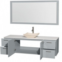 72 inch Single Bathroom Vanity in Dove Gray, White Man-Made Stone Countertop, Avalon Ivory Marble Sink, and 70 inch Mirror