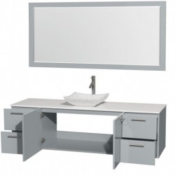 72 inch Single Bathroom Vanity in Dove Gray, White Man-Made Stone Countertop, Avalon White Carrera Marble Sink, and 70 inch Mir
