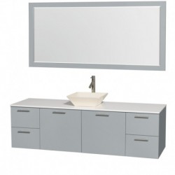 72 inch Single Bathroom Vanity in Dove Gray, White Man-Made Stone Countertop, Pyra Bone Porcelain Sink, and 70 inch Mirror