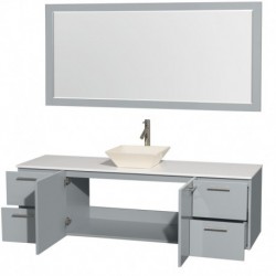 72 inch Single Bathroom Vanity in Dove Gray, White Man-Made Stone Countertop, Pyra Bone Porcelain Sink, and 70 inch Mirror