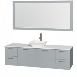 72 inch Single Bathroom Vanity in Dove Gray, White Man-Made Stone Countertop, Pyra White Porcelain Sink, and 70 inch Mirror