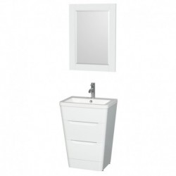 24 inch Pedestal Bathroom Vanity in Glossy White, Acrylic-Resin Countertop, Integrated Sink, and 24 inch Mirror