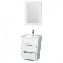 24 inch Pedestal Bathroom Vanity in Glossy White, Acrylic-Resin Countertop, Integrated Sink, and 24 inch Mirror