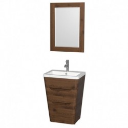 24 inch Pedestal Bathroom Vanity in Walnut, Acrylic-Resin Countertop, Integrated Sink, and 24 inch Mirror