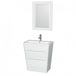 30 inch Pedestal Bathroom Vanity in Glossy White, Acrylic-Resin Countertop, Integrated Sink, and 24 inch Mirror