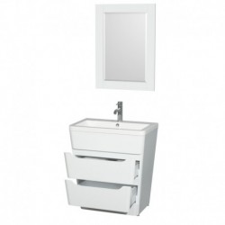30 inch Pedestal Bathroom Vanity in Glossy White, Acrylic-Resin Countertop, Integrated Sink, and 24 inch Mirror