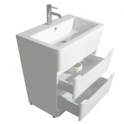 30 inch Pedestal Bathroom Vanity in Glossy White, Acrylic-Resin Countertop, Integrated Sink, and 24 inch Mirror