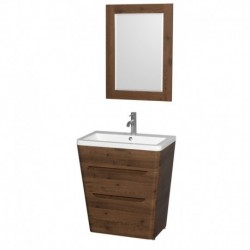 30 inch Pedestal Bathroom Vanity in Walnut, Acrylic-Resin Countertop, Integrated Sink, and 24 inch Mirror