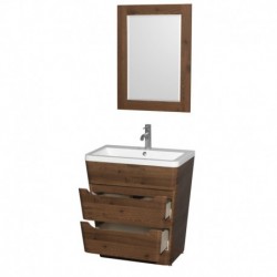 30 inch Pedestal Bathroom Vanity in Walnut, Acrylic-Resin Countertop, Integrated Sink, and 24 inch Mirror