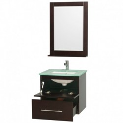 24 inch Single Bathroom Vanity in Espresso, Green Glass Countertop, Square Porcelain Undermount Sink, and 24 inch Mirror