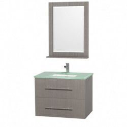 30 inch Single Bathroom Vanity in Gray Oak, Green Glass Countertop, Square Porcelain Undermount Sink, and 24 inch Mirror