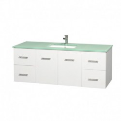 60 inch Single Bathroom Vanity in Matte White, Green Glass Countertop, Square Porcelain Undermount Sink, and 58 inch Mirror
