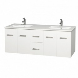 60 inch Double Bathroom Vanity in Matte White, White Man-Made Stone Countertop, Square Porcelain Undermount Sinks, and 58 inch