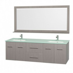 72 inch Double Bathroom Vanity in Gray Oak, Green Glass Countertop, Square Porcelain Undermount Sinks, and 70 inch Mirror
