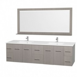 80 inch Double Bathroom Vanity in Gray Oak, White Man-Made Stone Countertop, Square Porcelain Undermount Sinks, and 70 inch Mir