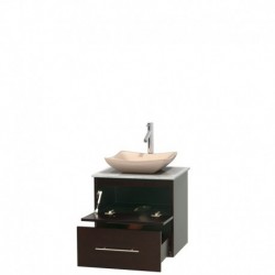 24 inch Single Bathroom Vanity in Espresso, White Carrera Marble Countertop, Avalon Ivory Marble Sink, and No Mirror