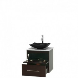24 inch Single Bathroom Vanity in Espresso, White Carrera Marble Countertop, Arista Black Granite Sink, and No Mirror