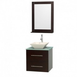 24 inch Single Bathroom Vanity in Espresso, Green Glass Countertop, Pyra Bone Porcelain Sink, and 24 inch Mirror