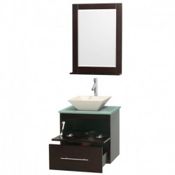 24 inch Single Bathroom Vanity in Espresso, Green Glass Countertop, Pyra Bone Porcelain Sink, and 24 inch Mirror