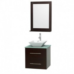 24 inch Single Bathroom Vanity in Espresso, Green Glass Countertop, Pyra White Porcelain Sink, and 24 inch Mirror