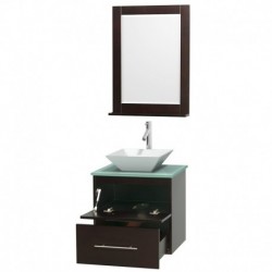 24 inch Single Bathroom Vanity in Espresso, Green Glass Countertop, Pyra White Porcelain Sink, and 24 inch Mirror