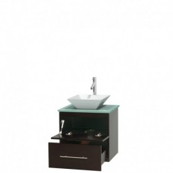 24 inch Single Bathroom Vanity in Espresso, Green Glass Countertop, Pyra White Porcelain Sink, and No Mirror