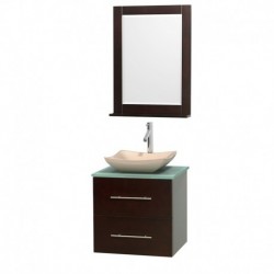 24 inch Single Bathroom Vanity in Espresso, Green Glass Countertop, Avalon Ivory Marble Sink, and 24 inch Mirror